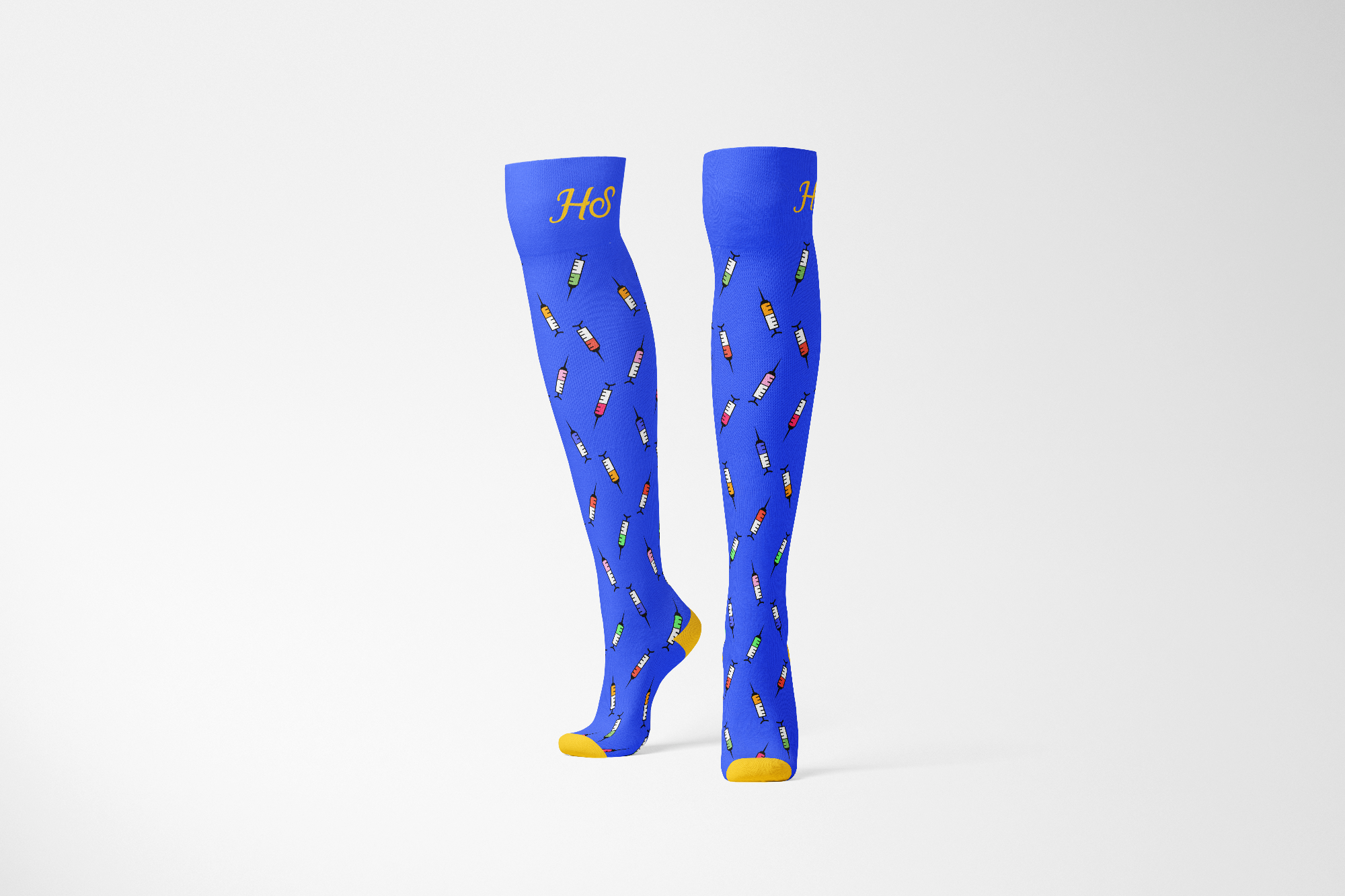 A pair of blue compression socks with a unique needle pattern, designed for medical professionals.